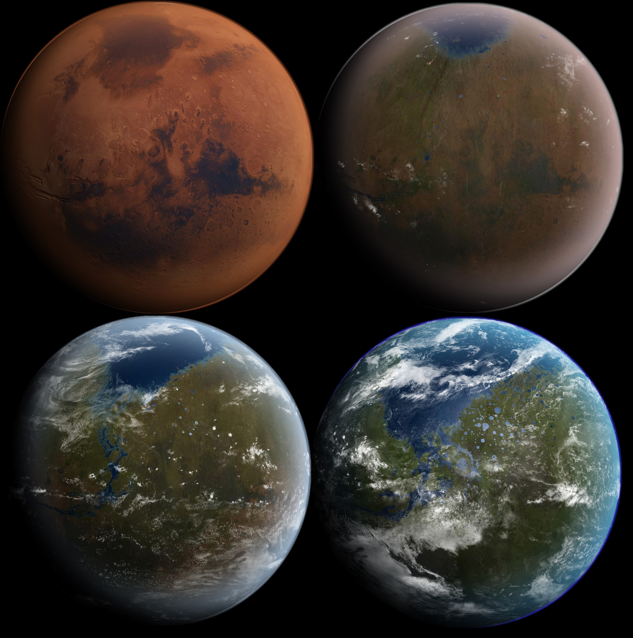 Artist's conception of the process of terraforming Mars (Wikipedia)